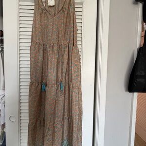 Tiered Peach Maxi Dress with Teal Floral Print